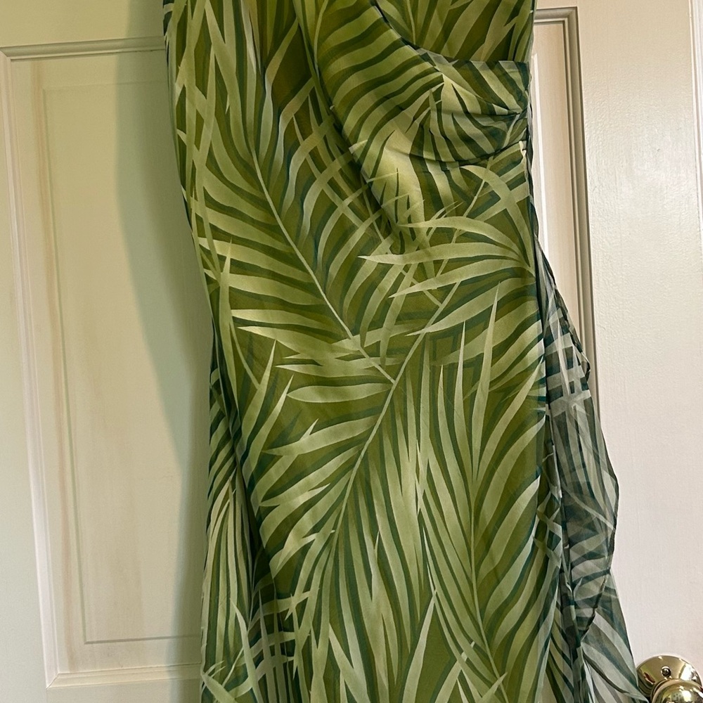 Fiori Di Zucca 100% Silk Tropical Midi Dress Women’s 14 Green Palm Leaf Design